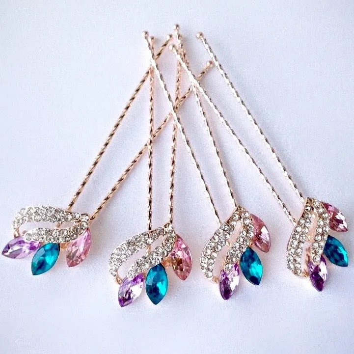Wedding Hair Accessories - Rose Gold Colorful Crystal Hair Pins - Set of 4