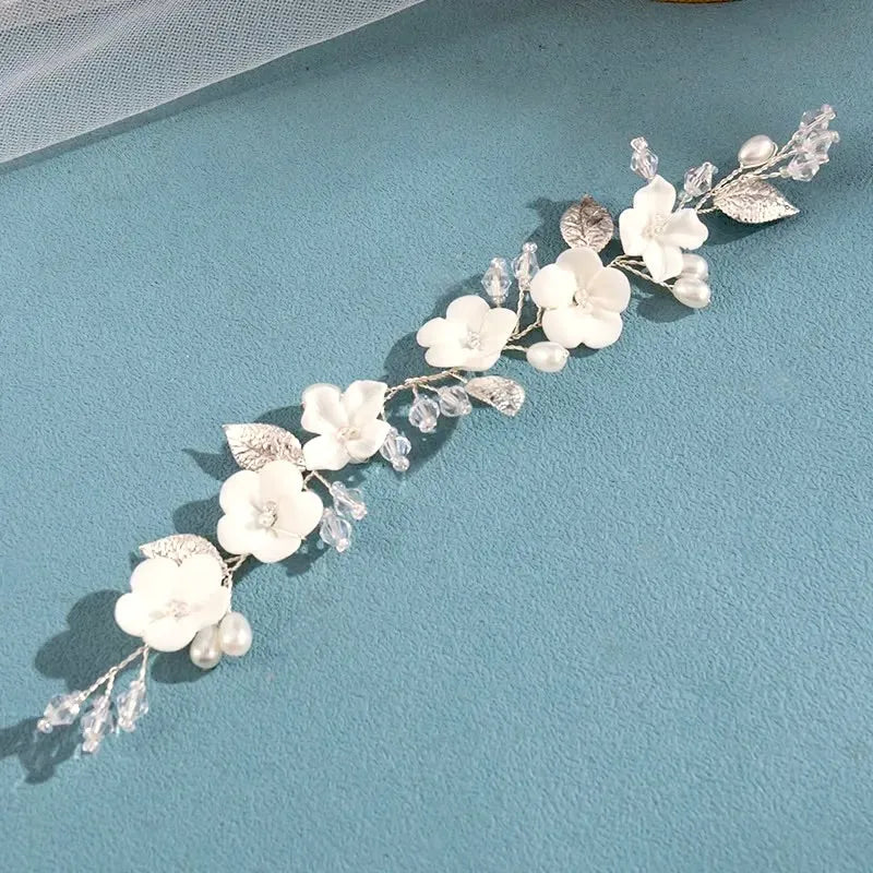 Wedding Hair Accessories - Ivory Ceramic Flowers Bridal Short Hair Vine