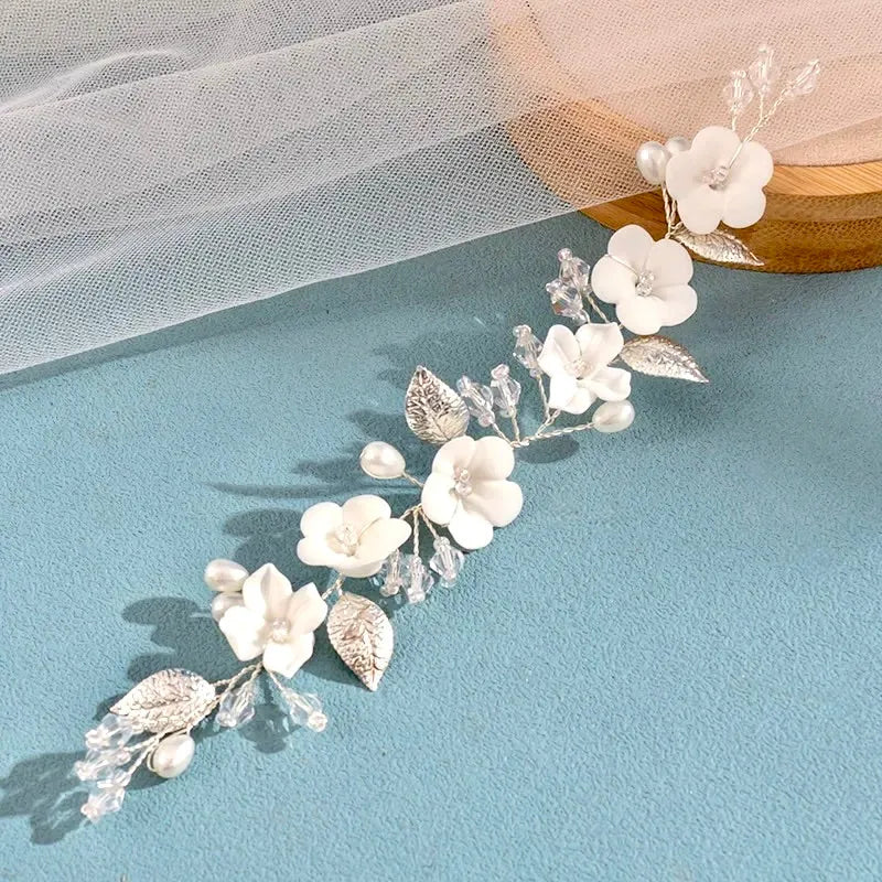 Wedding Hair Accessories - Ivory Ceramic Flowers Bridal Short Hair Vine