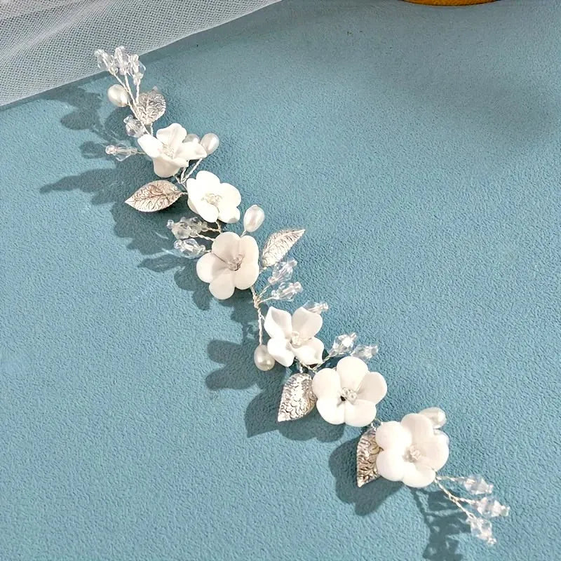 Wedding Hair Accessories - Ivory Ceramic Flowers Bridal Short Hair Vine