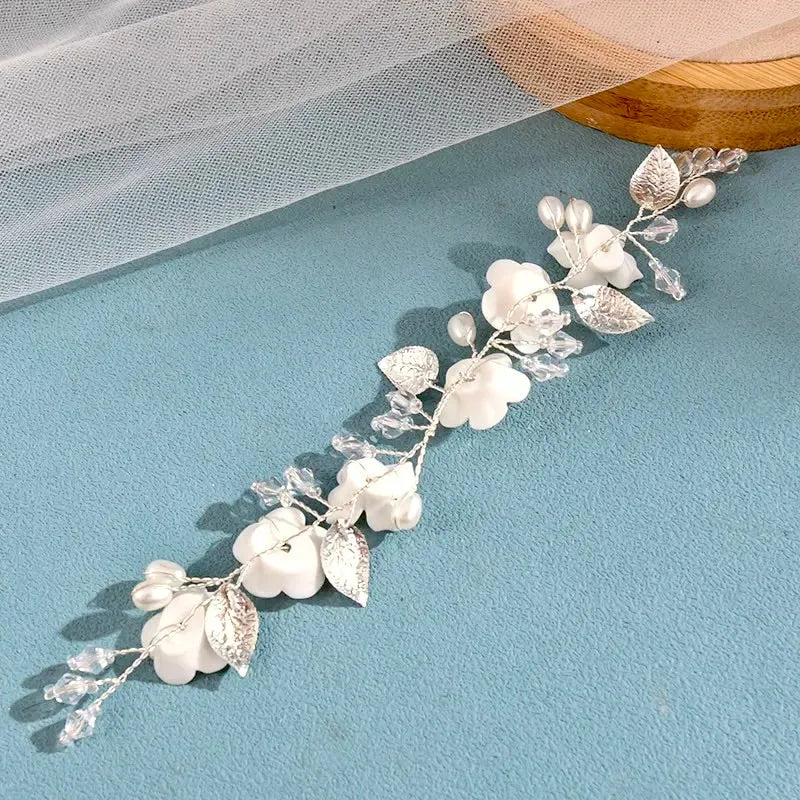 Wedding Hair Accessories - Ivory Ceramic Flowers Bridal Short Hair Vine