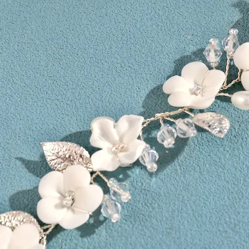 Wedding Hair Accessories - Ivory Ceramic Flowers Bridal Short Hair Vine