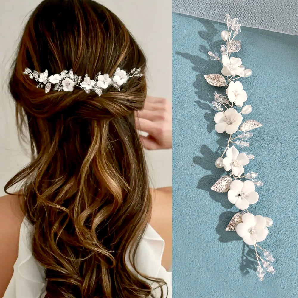 Wedding Hair Accessories Ivory Ceramic Flowers Bridal Short Hair Vine ADORA by Simona