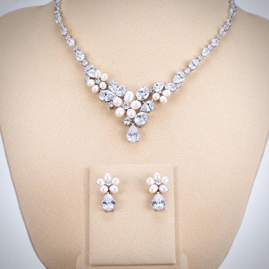 Pearl Wedding Jewelry - Freshwater Pearl and Cubic Zirconia Bridal Jewelry Set