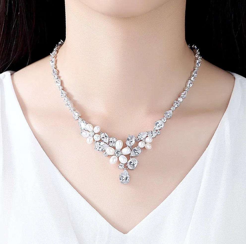 Pearl Wedding Jewelry - Freshwater Pearl and Cubic Zirconia Bridal Jewelry Set