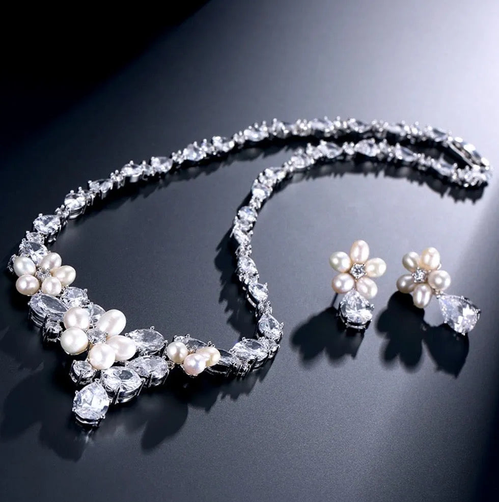 Pearl Wedding Jewelry - Freshwater Pearl and Cubic Zirconia Bridal Jewelry Set