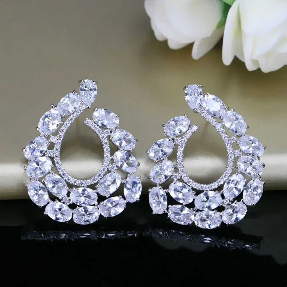 Wedding Jewelry - Silver Cubic Zirconia Bridal Earrings