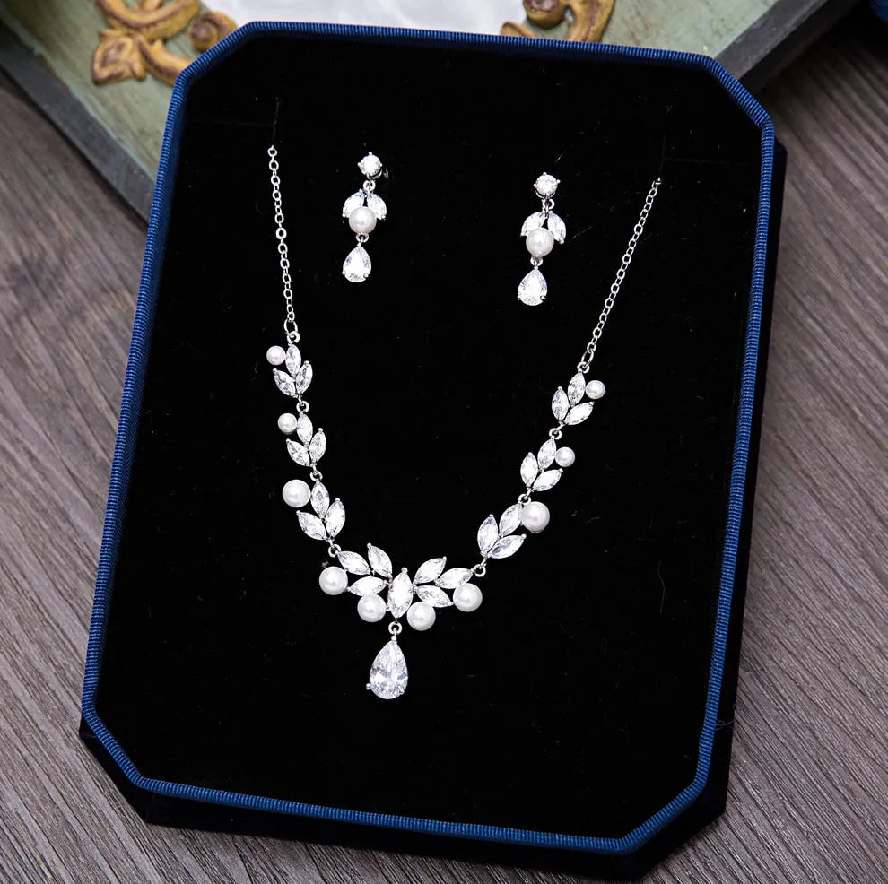Wedding Jewelry - Silver Cubic Zirconia and Pearl Bridal Jewelry Set