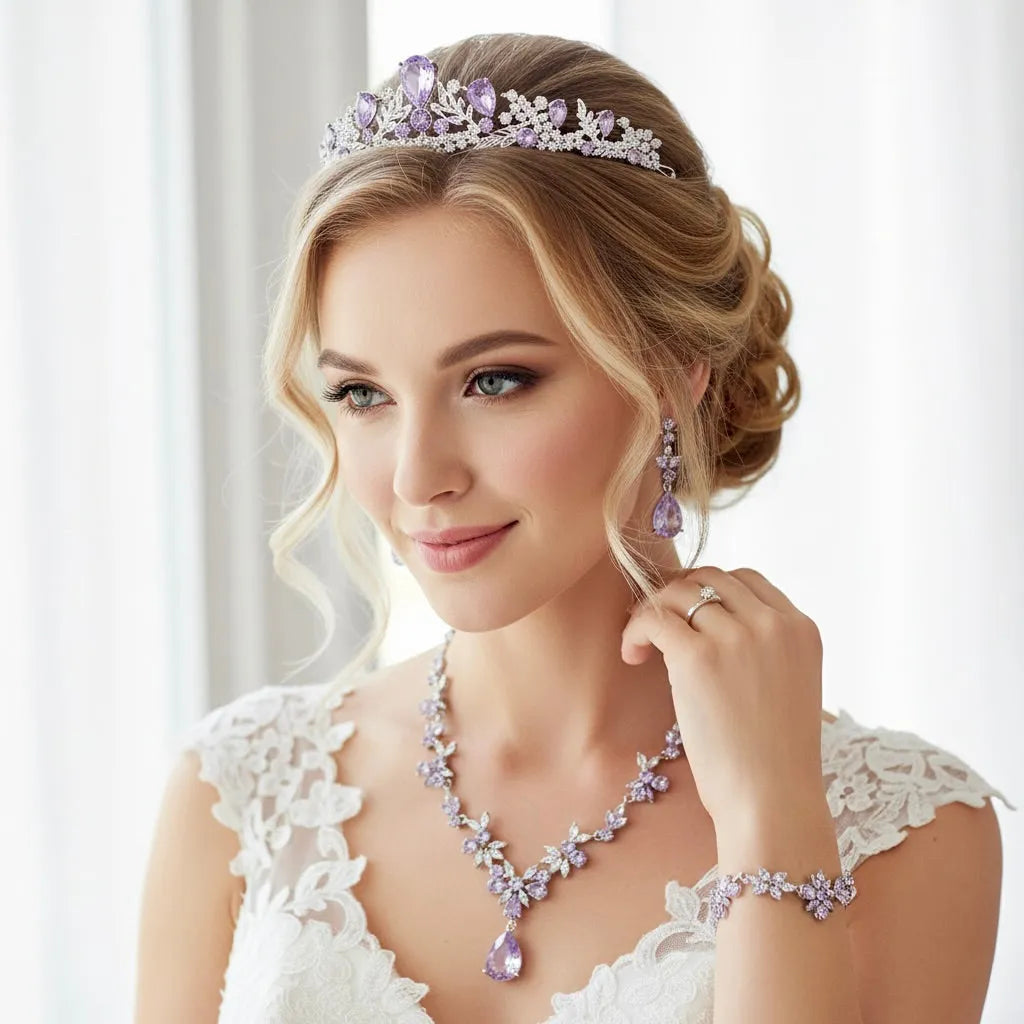Lavender 4-Piece Bridal Jewelry Set with Tiara | Crystal Wedding Accessories 