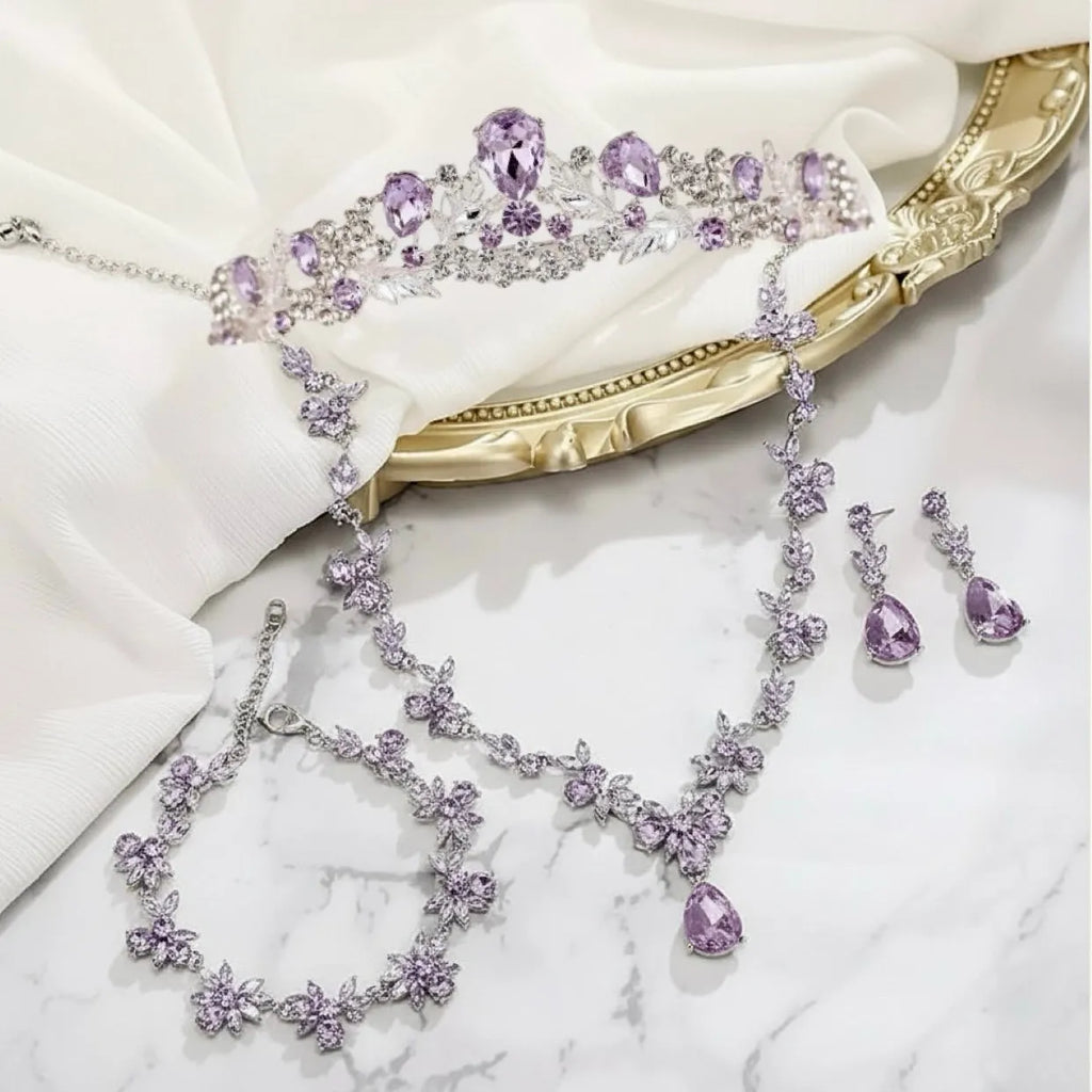 Lavender 4-Piece Bridal Jewelry Set with Tiara | Crystal Wedding Accessories 