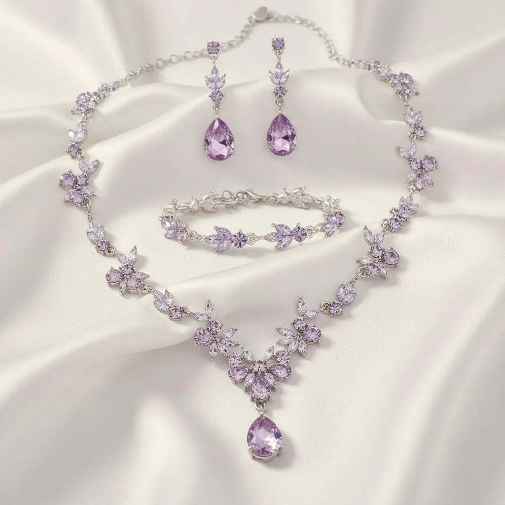 Lavender 4-Piece Bridal Jewelry Set with Tiara | Crystal Wedding Accessories 