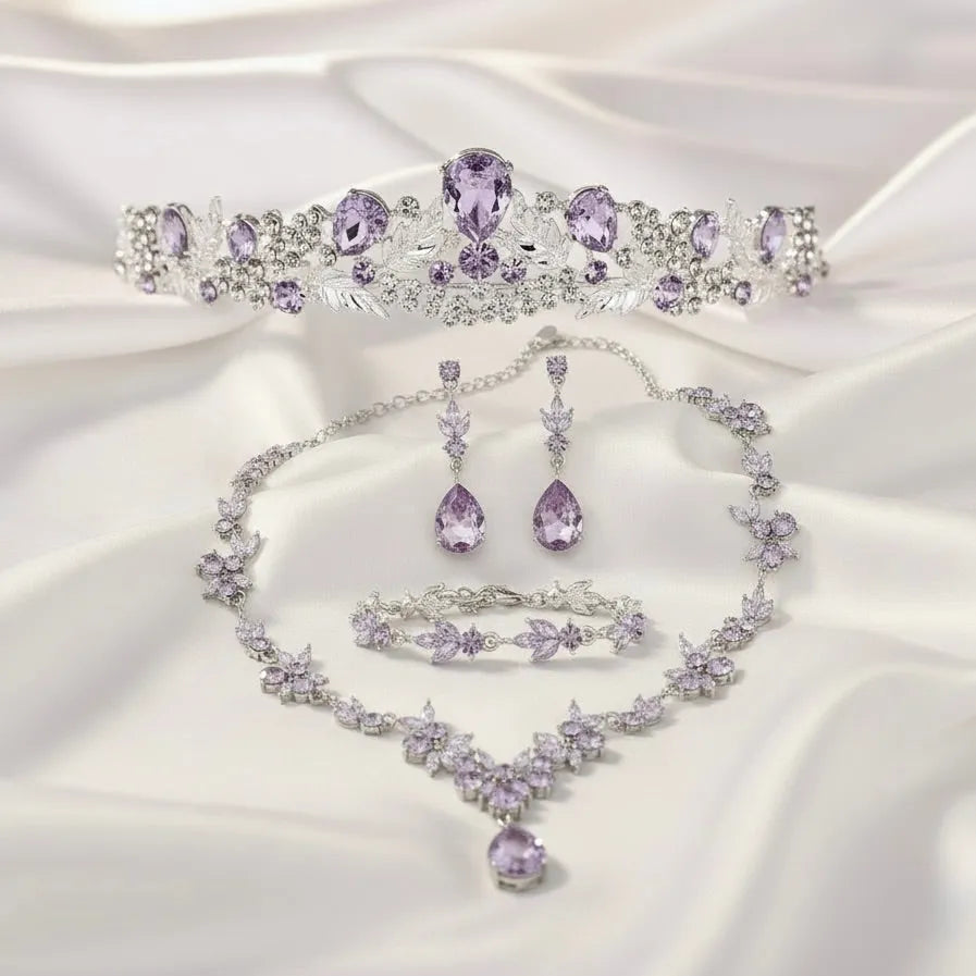 Lavender 4-Piece Bridal Jewelry Set with Tiara | Crystal Wedding Accessories 