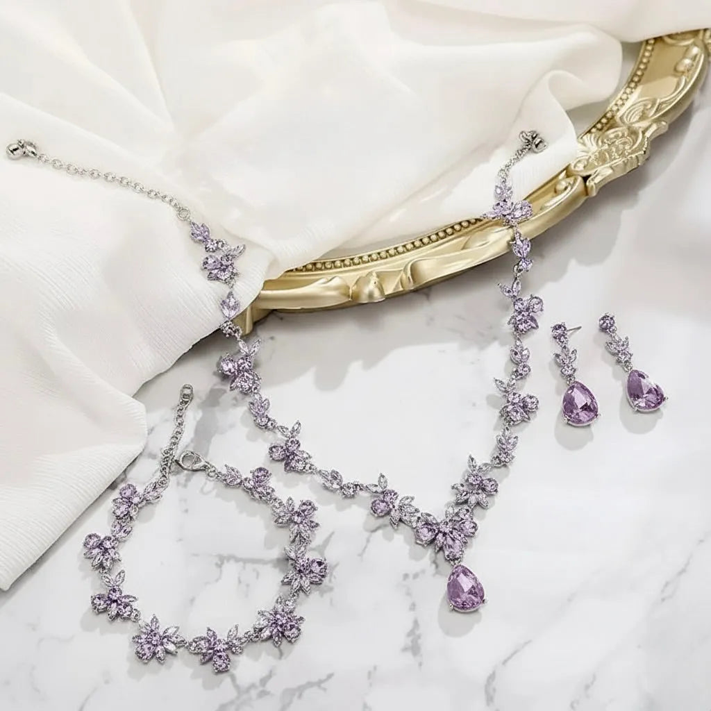 Lavender 4-Piece Bridal Jewelry Set with Tiara | Crystal Wedding Accessories 