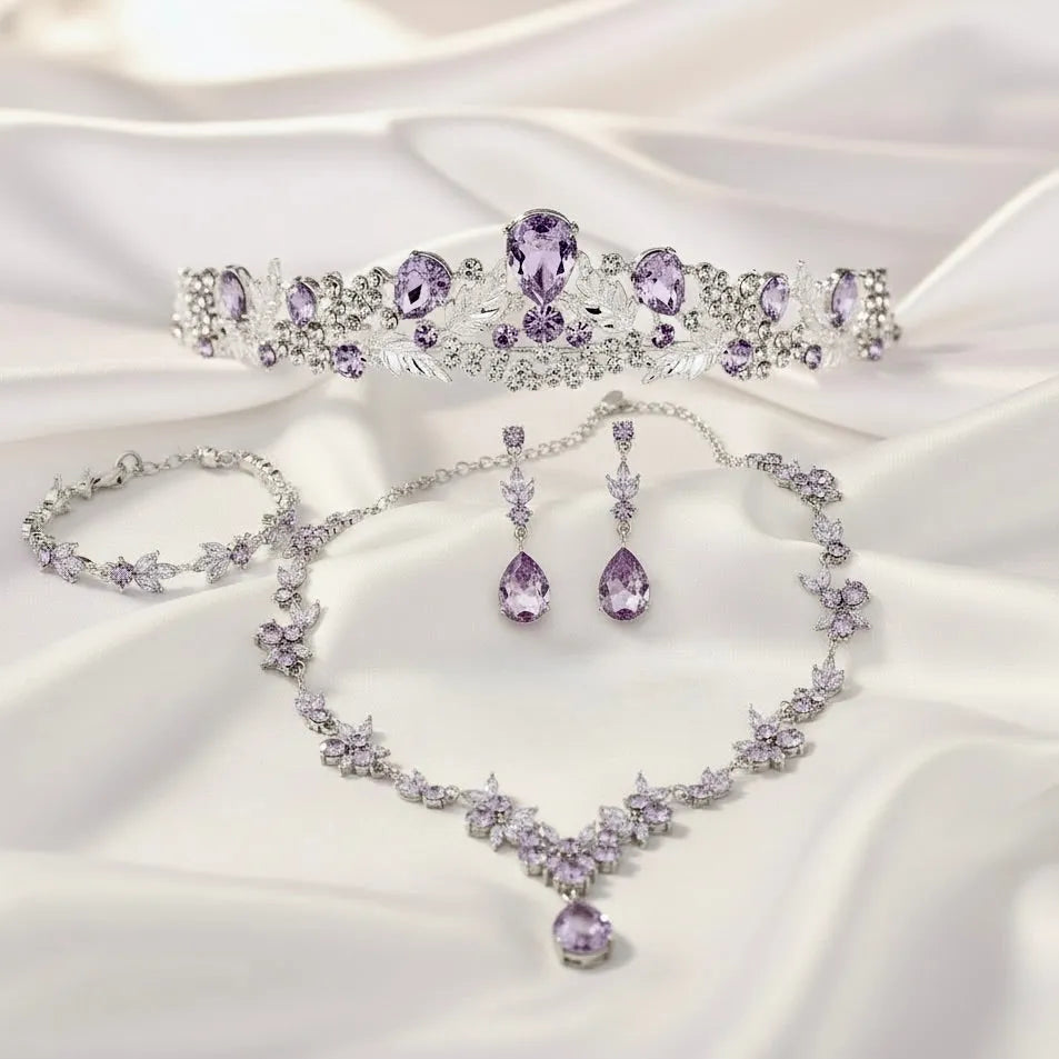 Lavender 4-Piece Bridal Jewelry Set with Tiara | Crystal Wedding Accessories 