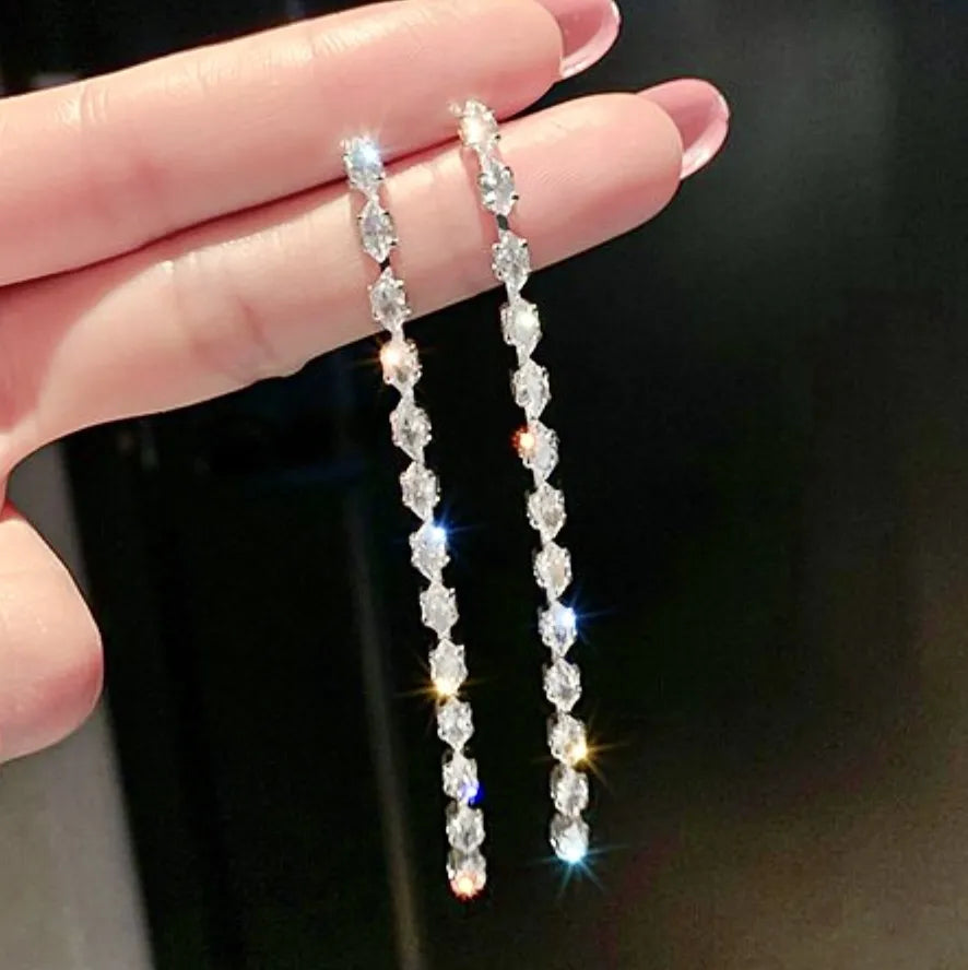 Wedding Jewelry - Long Cubic Zirconia Bridal Earrings