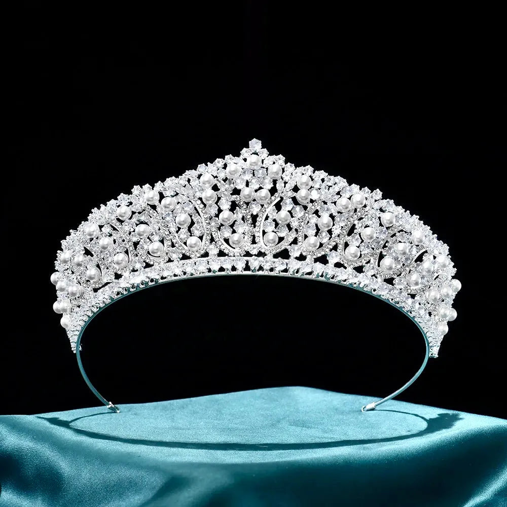Wedding Hair Accessories - Silver Pearl and Cubic Zirconia Tiara