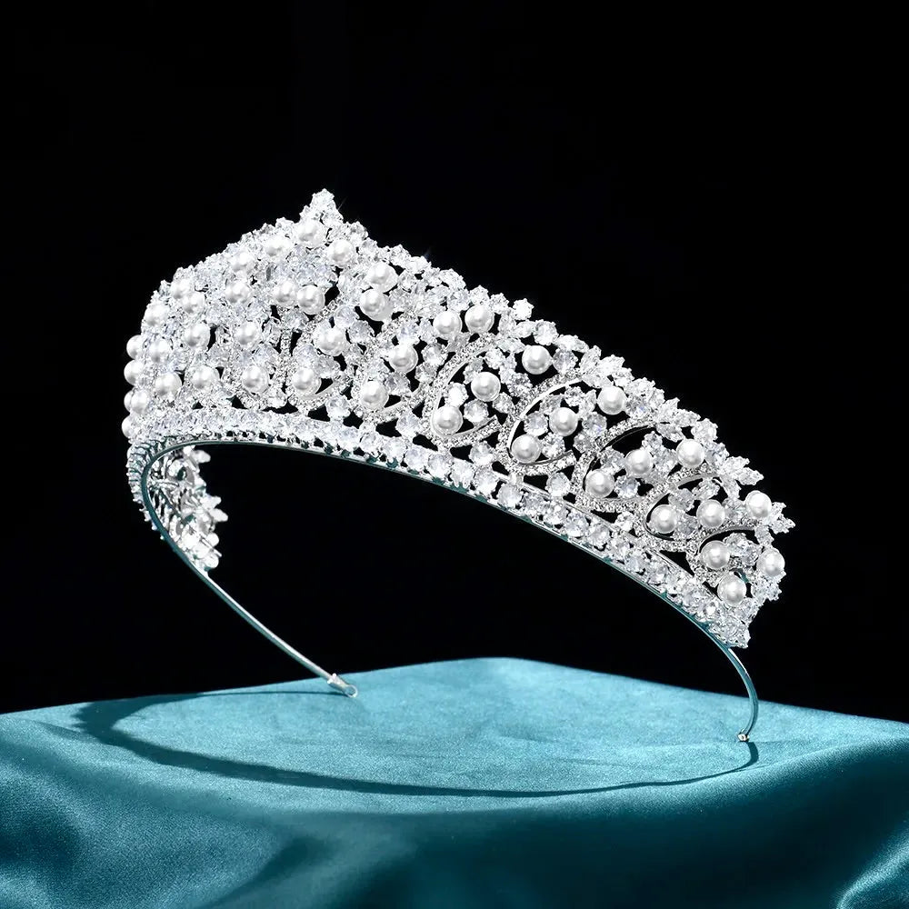 Serenity - Pearl and Cubic Zirconia Bridal Tiara - Available in Silver and Gold