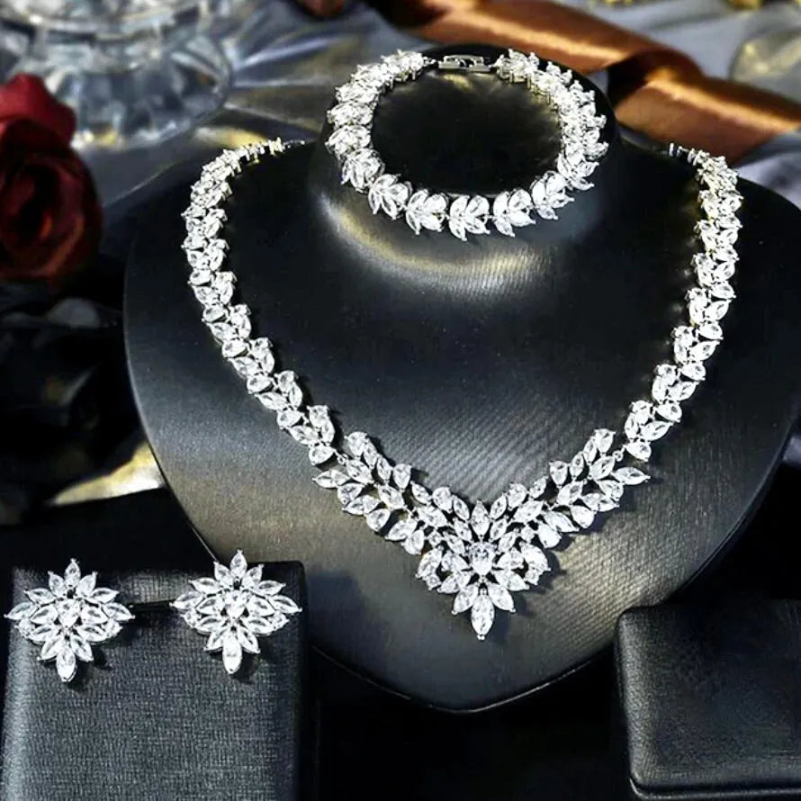 Wedding Jewelry - Silver Cubic Zirconia Bridal Three-Piece Jewelry Set