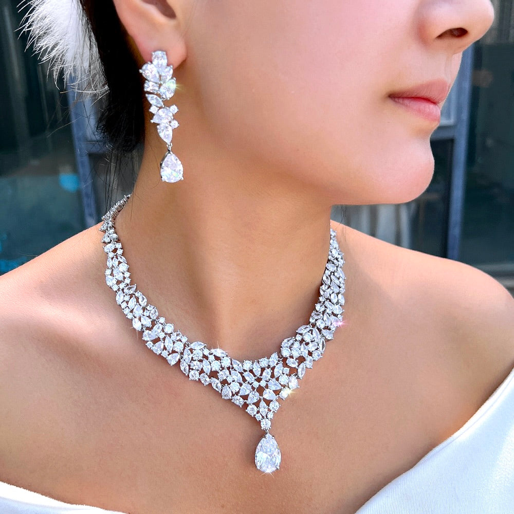 Wedding Jewelry - Luxury Cubic Zirconia Bridal Necklace & Earrings Set