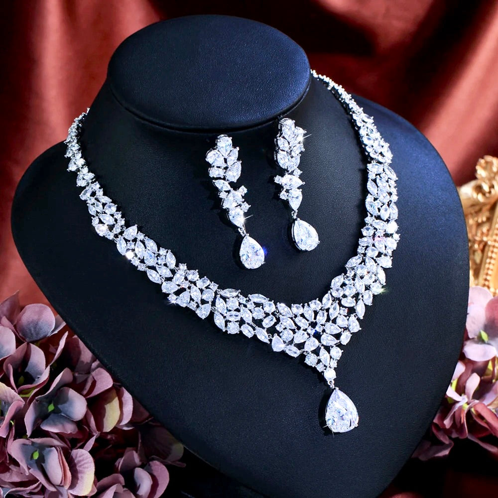 Wedding Jewelry - Luxury Cubic Zirconia Bridal Necklace & Earrings Set
