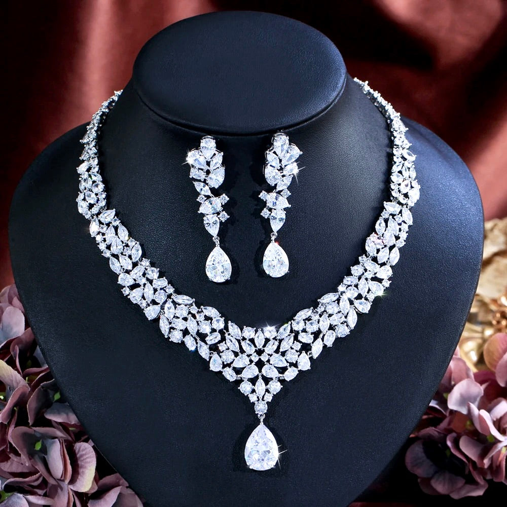Wedding Jewelry - Luxury Cubic Zirconia Bridal Necklace & Earrings Set