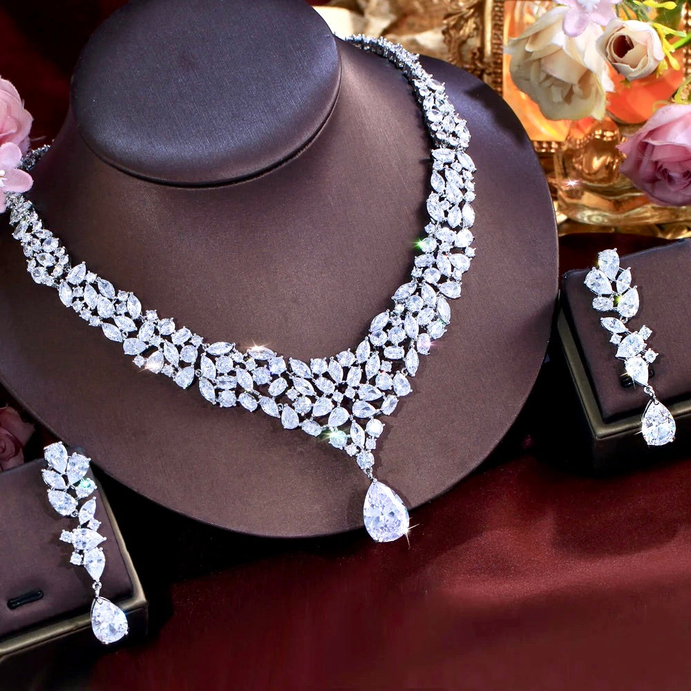Wedding Jewelry - Luxury Cubic Zirconia Bridal Necklace & Earrings Set