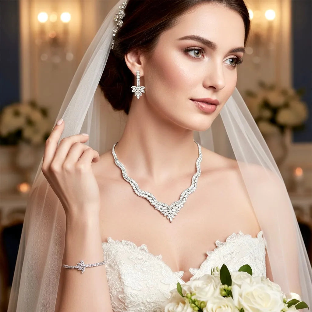 Wedding Jewelry - Silver Cubic Zirconia Bridal Three-Piece Jewelry Set