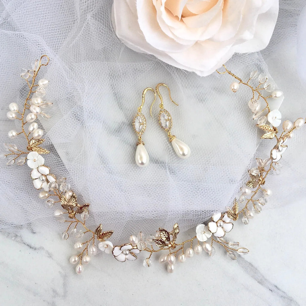 Pearl Wedding Jewelry - Pearl and CZ Bridal Earrings - Available in Silver and Yellow Gold