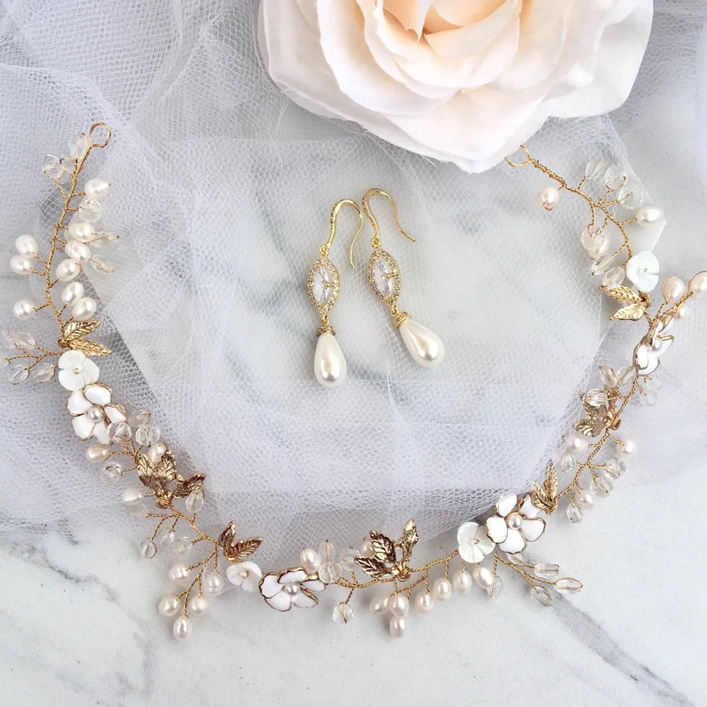 Wedding Hair Accessories - Freshwater Pearl Bridal Headband and Earrings Set - Available in Gold and Silver