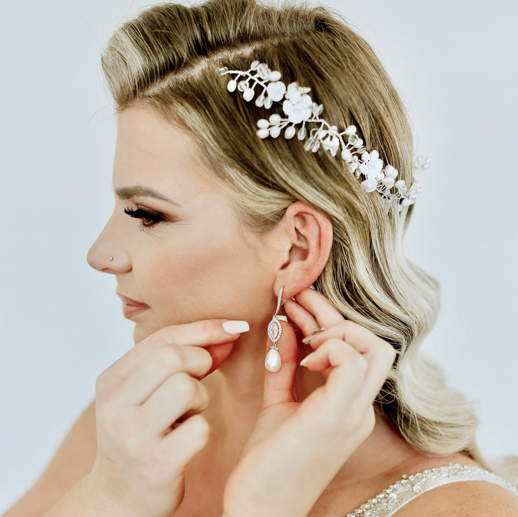 Wedding Hair Accessories - Freshwater Pearl Bridal Headband and Earrings Set - Available in Gold and Silver