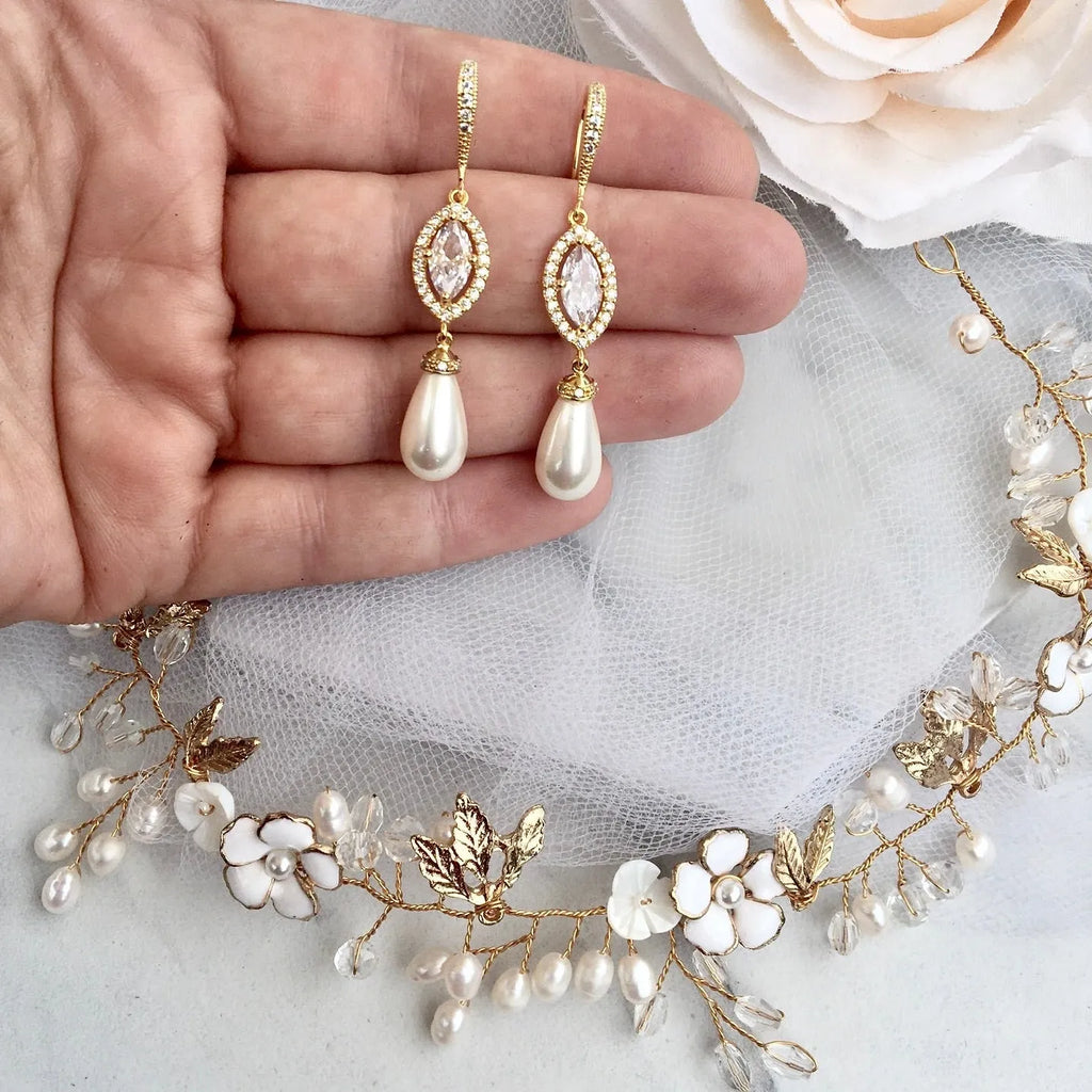 Wedding Hair Accessories - Freshwater Pearl Bridal Headband and Earrings Set - Available in Gold and Silver