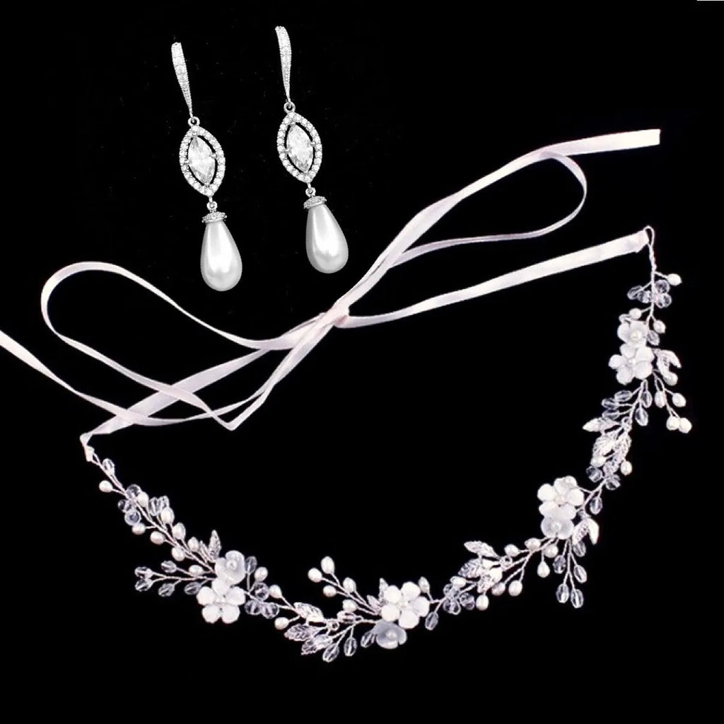 Wedding Hair Accessories - Freshwater Pearl Bridal Headband and Earrings Set - Available in Gold and Silver