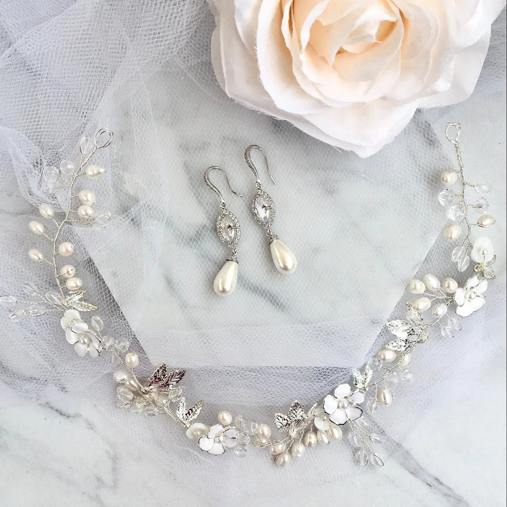 Wedding Hair Accessories - Freshwater Pearl Bridal Headband and Earrings Set - Available in Gold and Silver
