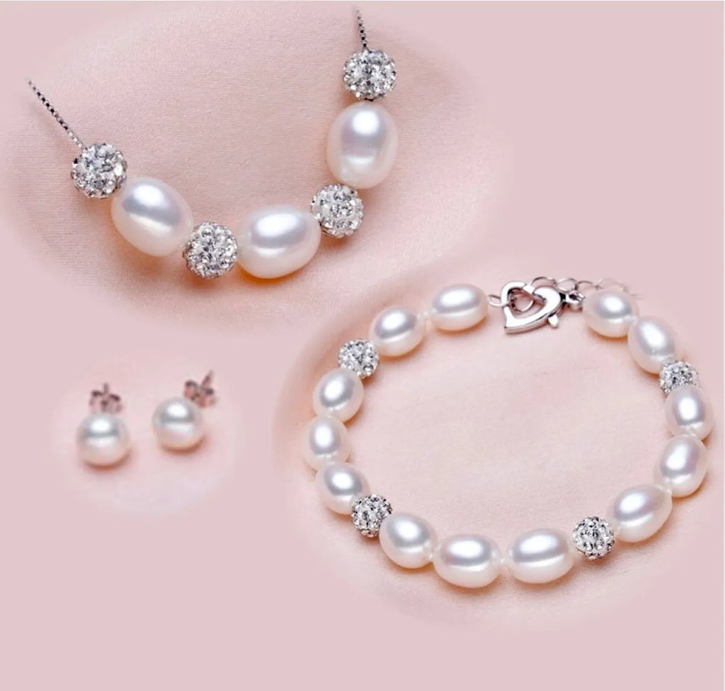Pearl Wedding Jewelry - Sterling Silver and Natural Pearl 3-Piece Bridal Jewelry Set - More Colors