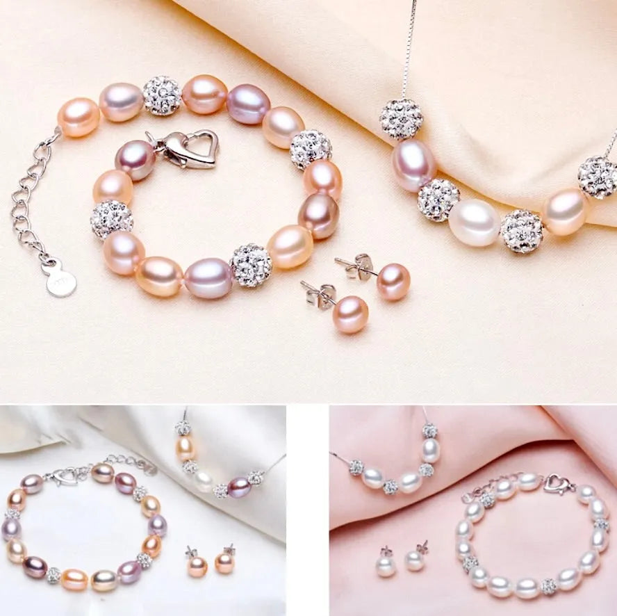 Pearl Wedding Jewelry - Sterling Silver and Natural Pearl 3-Piece Bridal Jewelry Set - More Colors