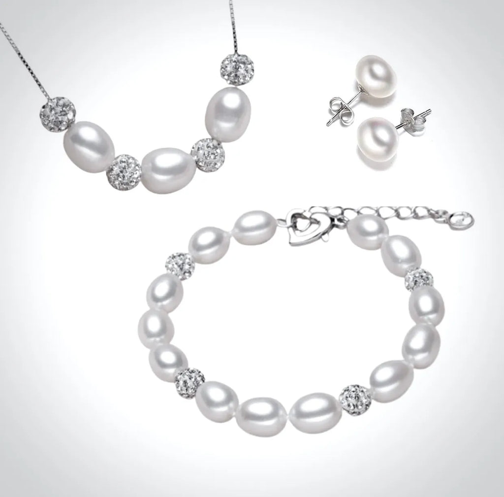 Pearl Wedding Jewelry - Sterling Silver and Natural Pearl 3-Piece Bridal Jewelry Set - More Colors