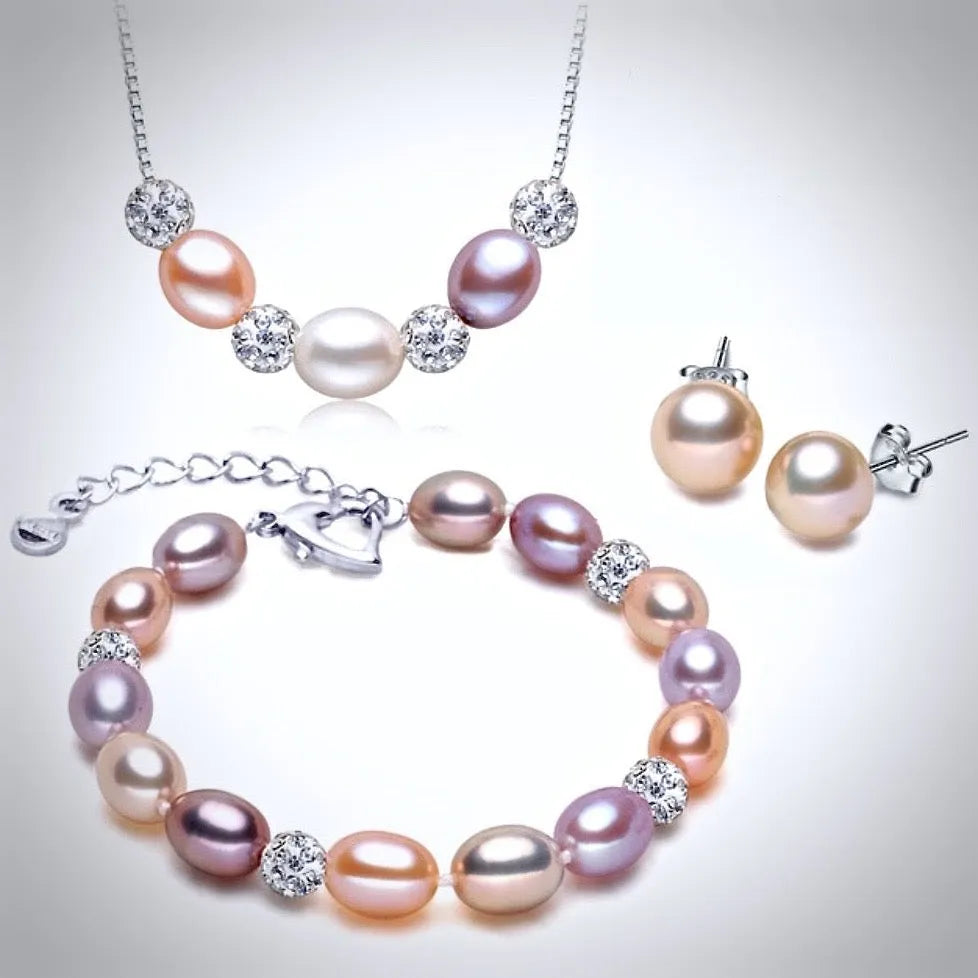 Pearl Wedding Jewelry - Sterling Silver and Natural Pearl 3-Piece Bridal Jewelry Set - More Colors
