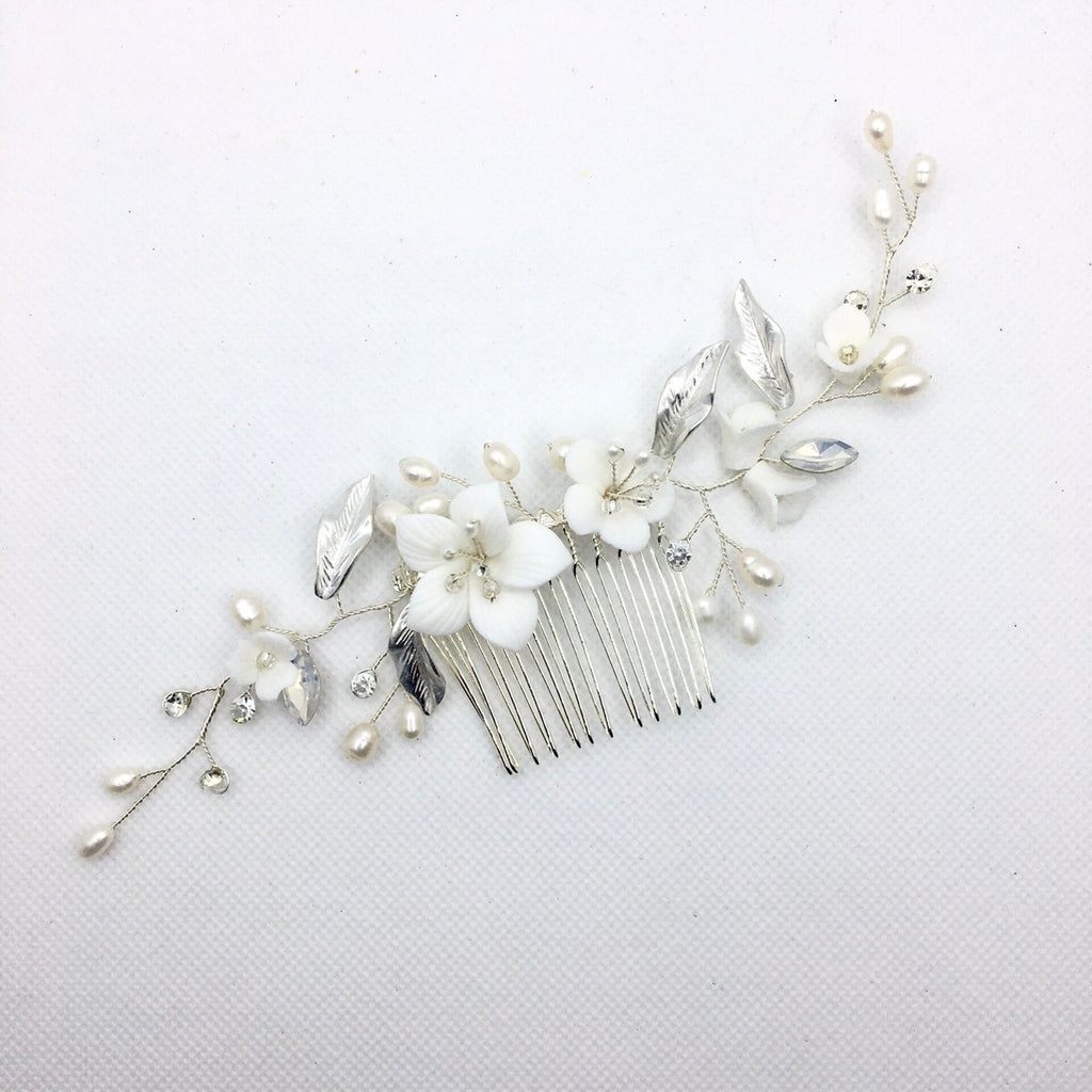 Wedding Hair Accessories - Ceramic Flowers Bridal Hair Comb - Available in Silver and Gold