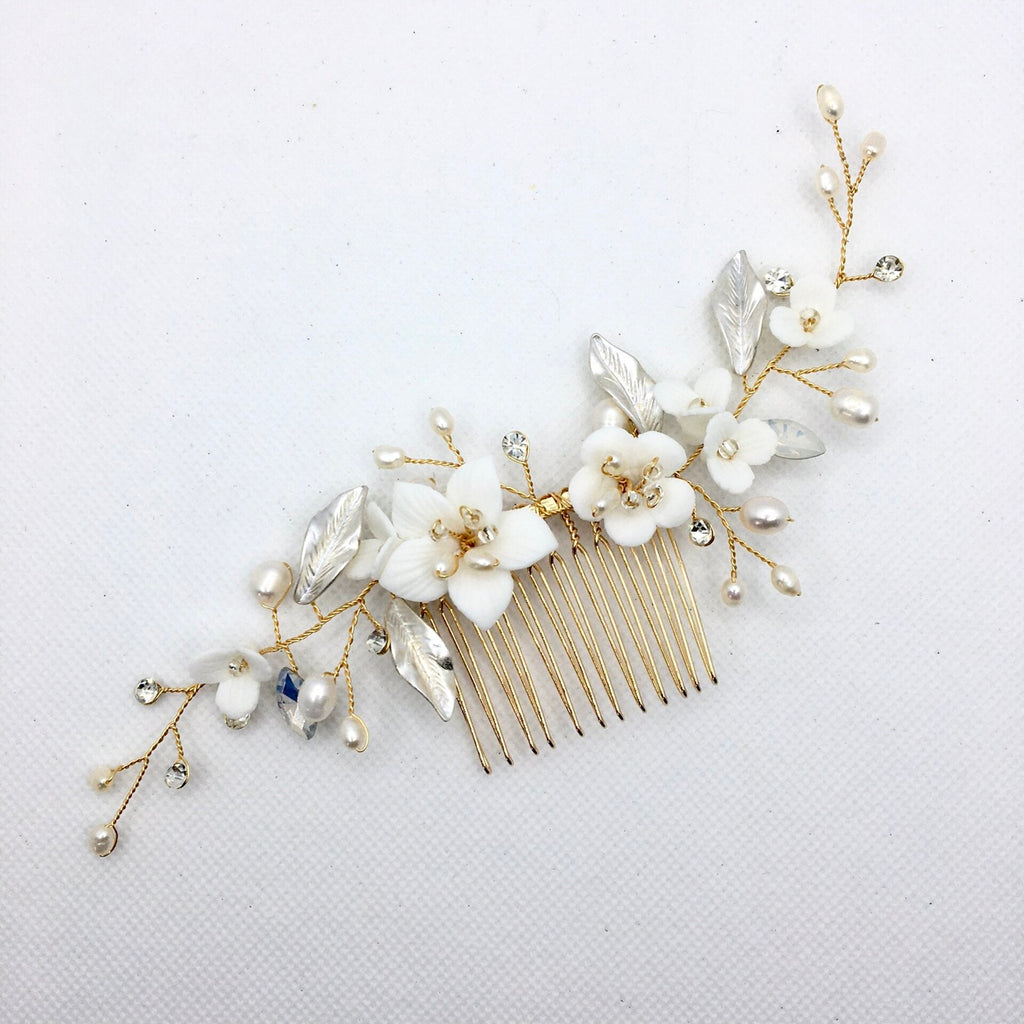 Wedding Hair Accessories - Ceramic Flowers Bridal Hair Comb - Available in Silver and Gold
