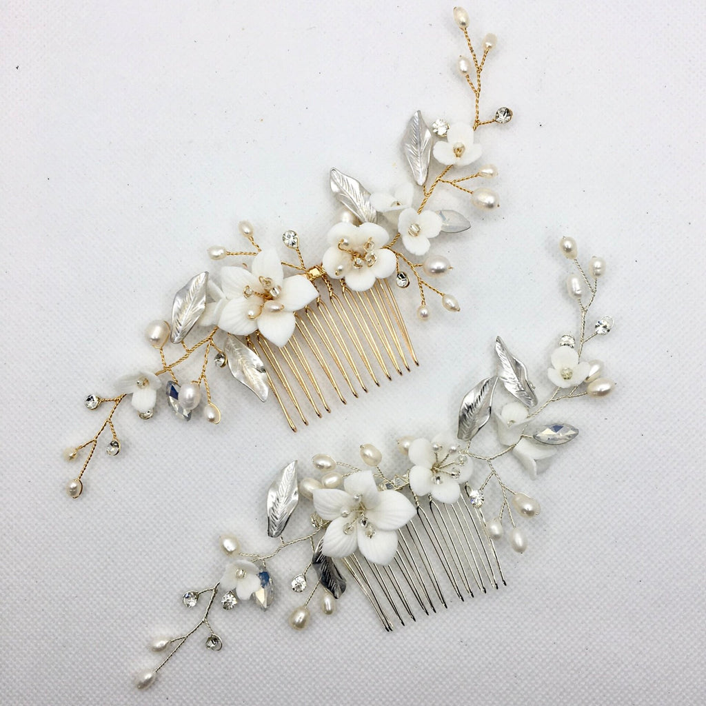 Wedding Hair Accessories - Ceramic Flowers Bridal Hair Comb - Available in Silver and Gold