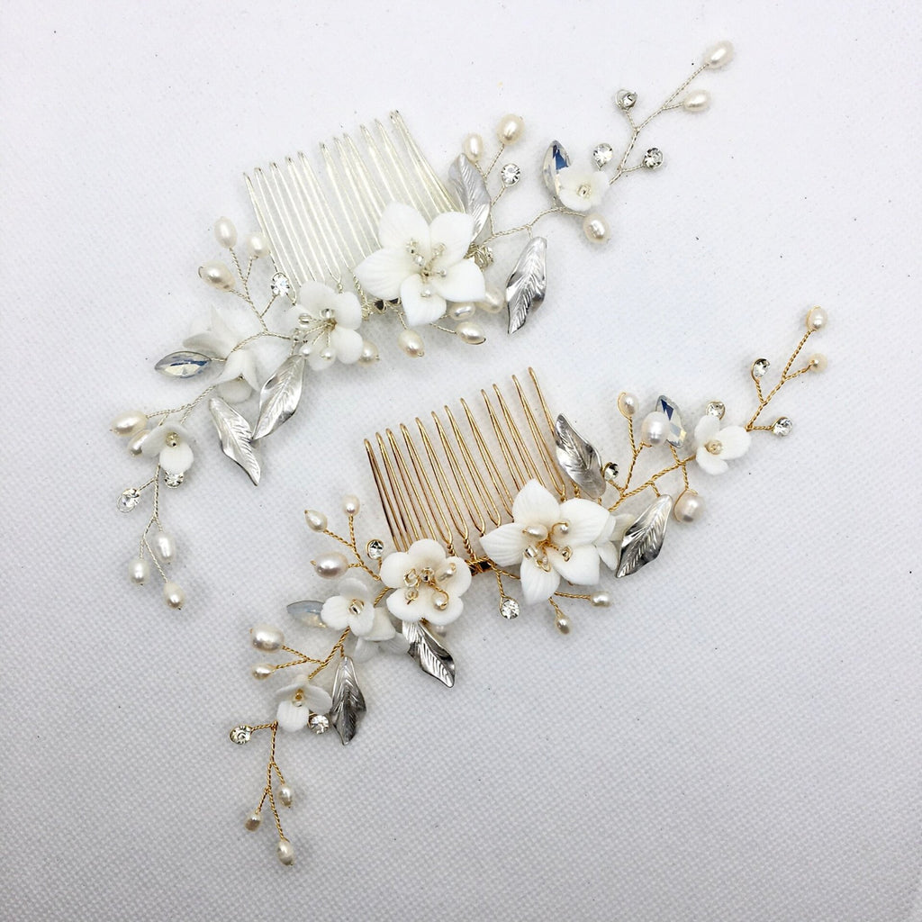 Wedding Hair Accessories - Ceramic Flowers Bridal Hair Comb - Available in Silver and Gold