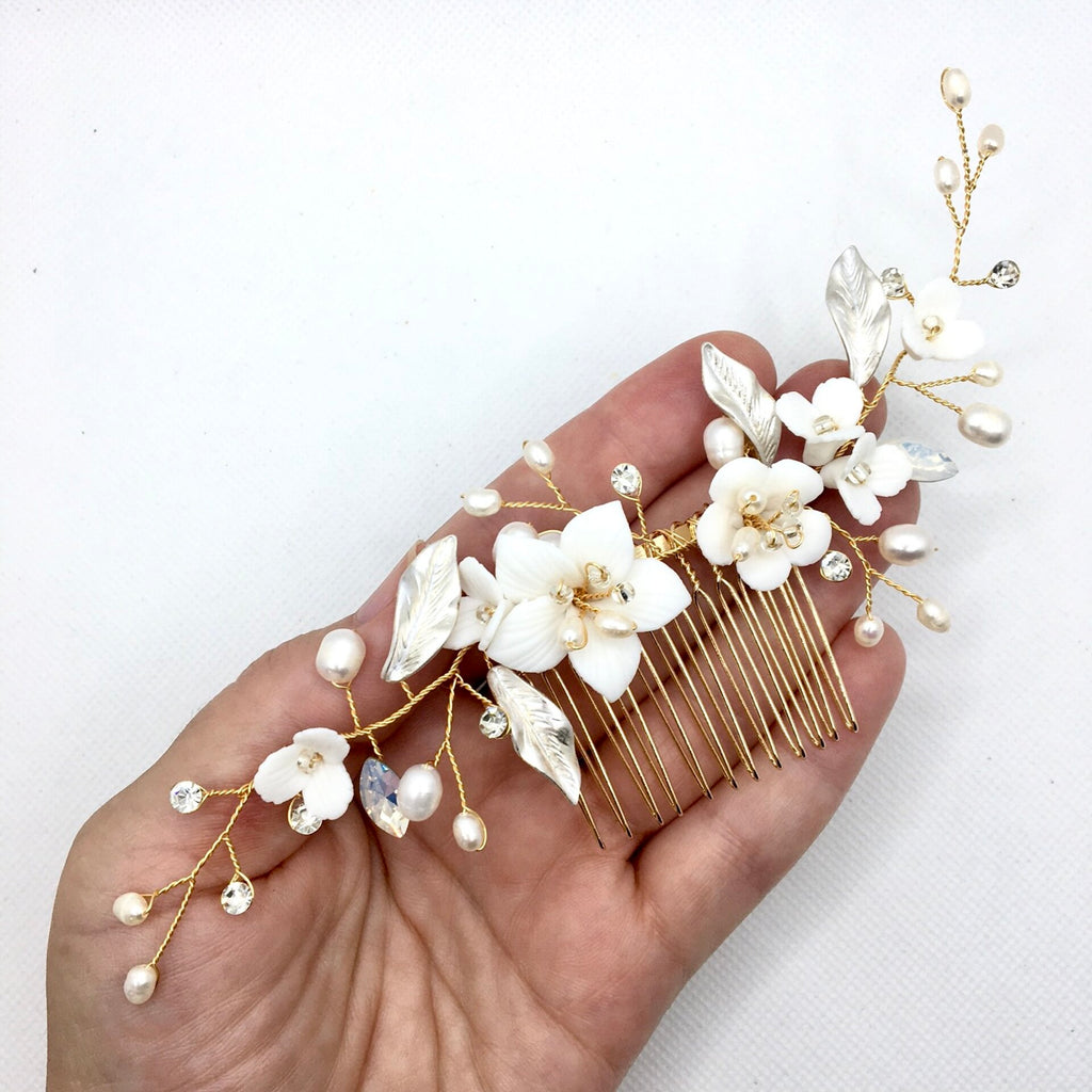 Wedding Hair Accessories - Ceramic Flowers Bridal Hair Comb - Available in Silver and Gold