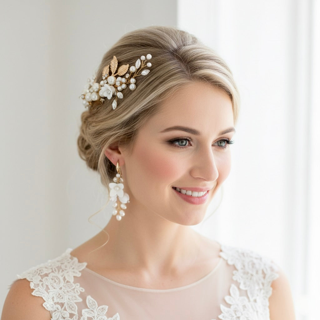 Wedding Hair Accessories - Ceramic Flowers Bridal Hair Comb and Earrings Set - Gold