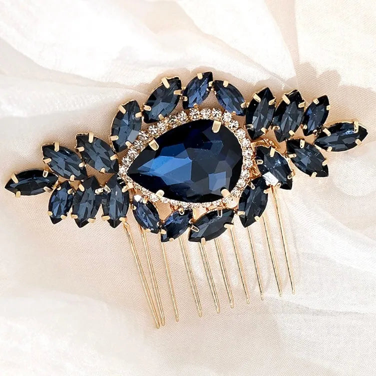 Bluebell Navy Blue Crystal Bridal Hair Comb Gold