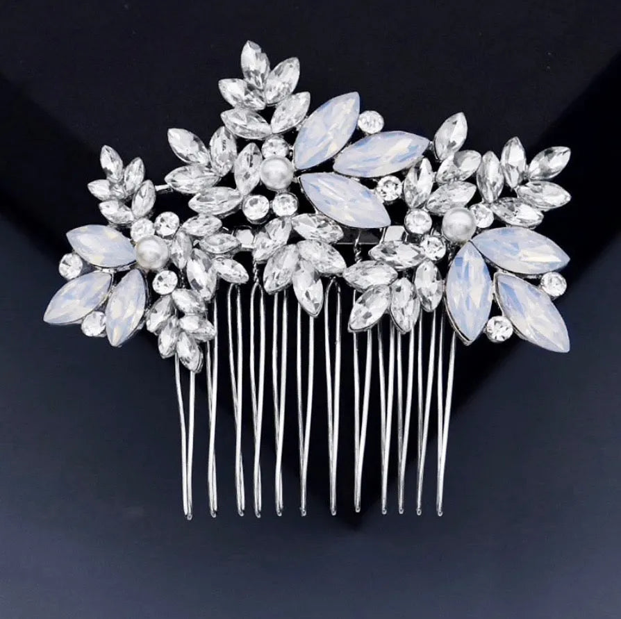 Silver Opal & Pearl Bridal Hair Comb | Elegant Wedding Hair 