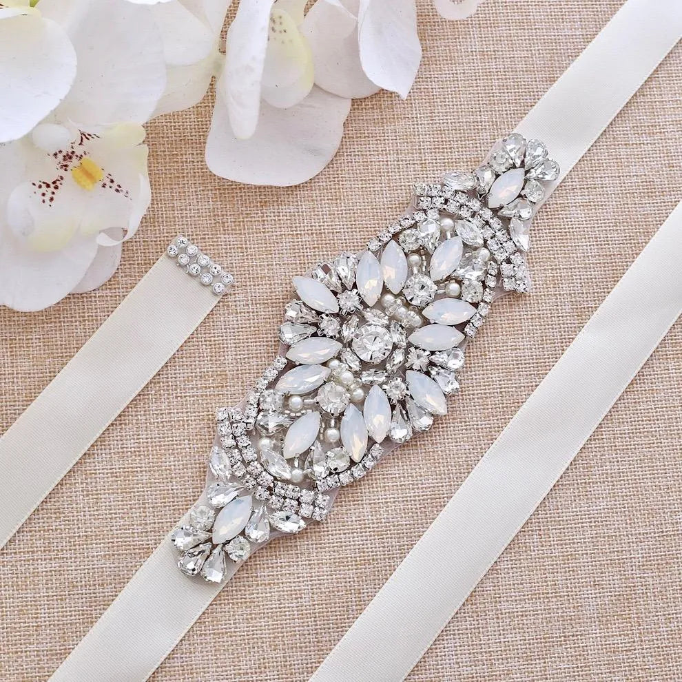 Wedding Accessories - Swarovski Opal and Pearl Bridal Belt/Sash