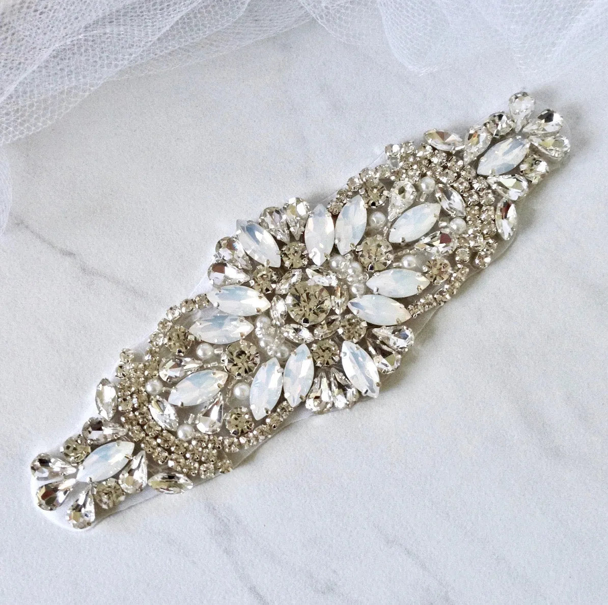 Swarovski Opal and Pearl Bridal Belt Sash – Wedding Belt for Dress Applique Only
