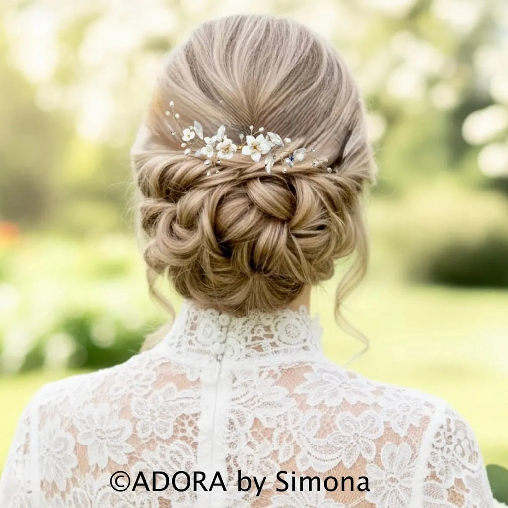 Wedding Hair Accessories - Ceramic Flowers Bridal Hair Comb - Available in Silver and Gold