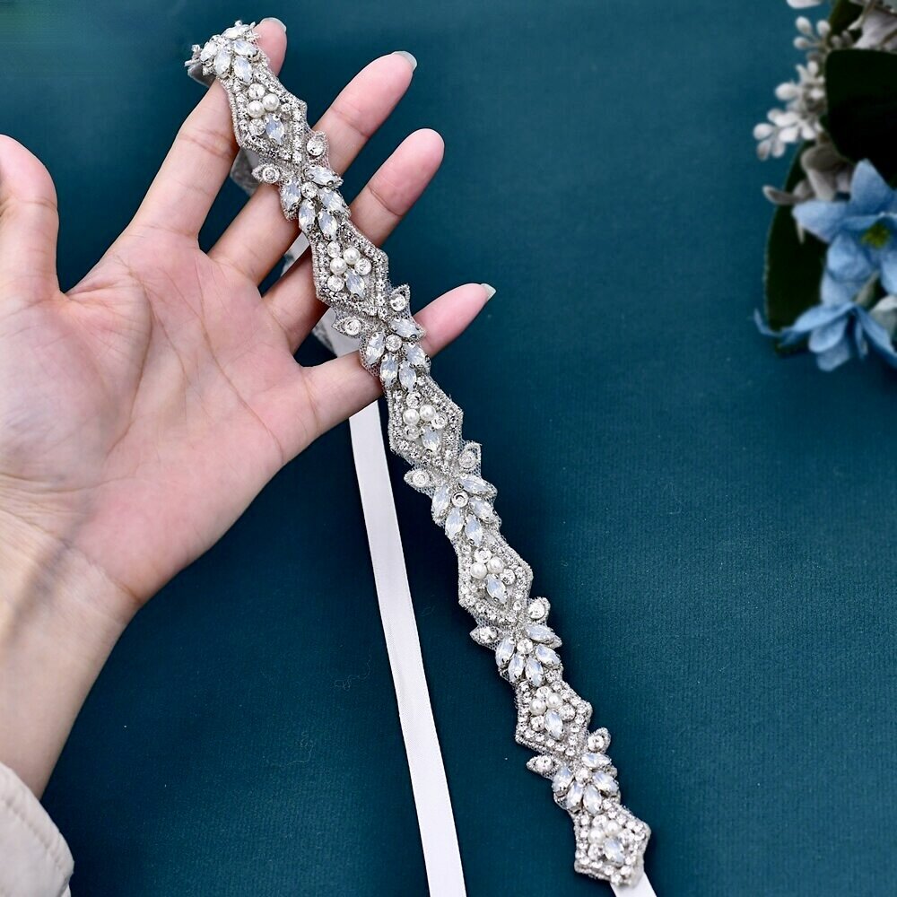 Wedding Accessories - Swarovski Opal and Pearl Bridal Belt/Sash