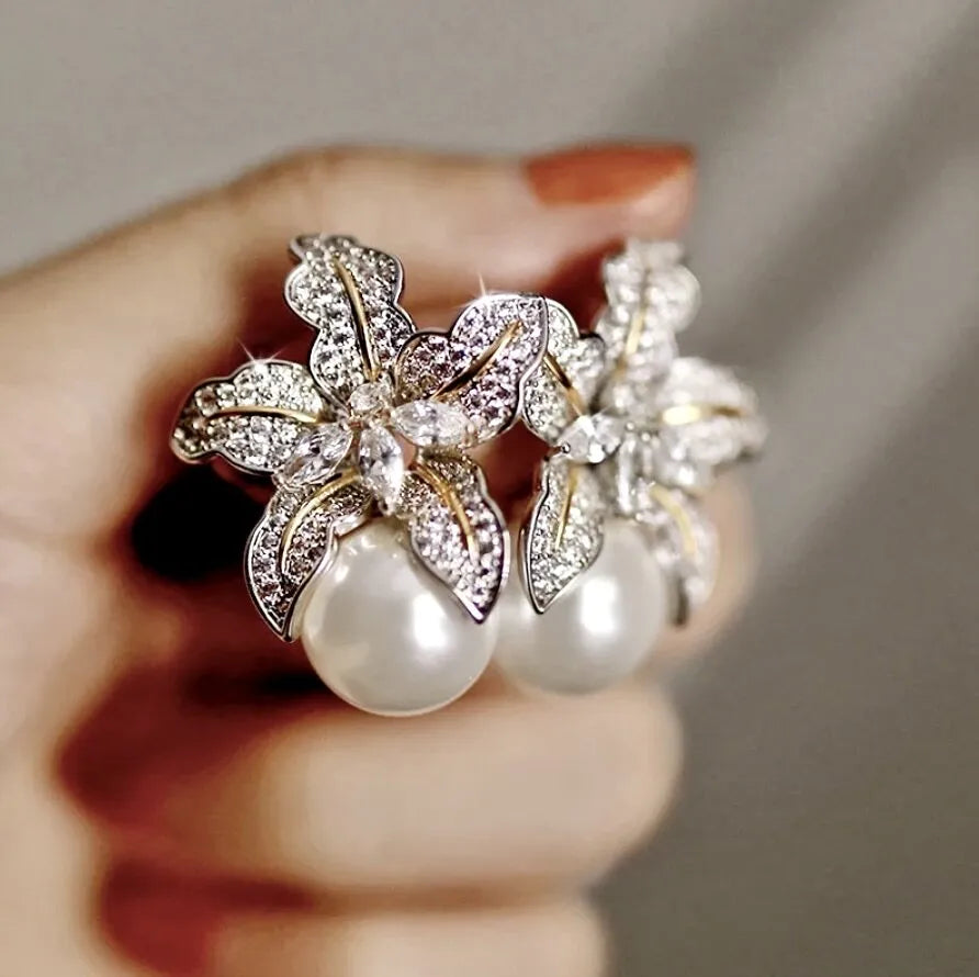 Wedding Jewelry - Orchid Two-Tone Pearl and Cubic Zirconia Bridal Earrings